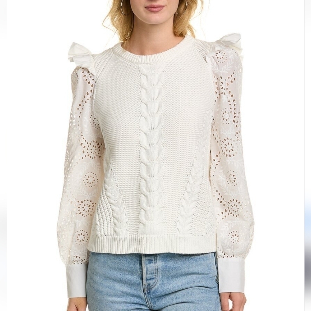 Fate Dnu Eyelet Sweater in White 100% Cotton Ruffled Shoulder Button Cuff
